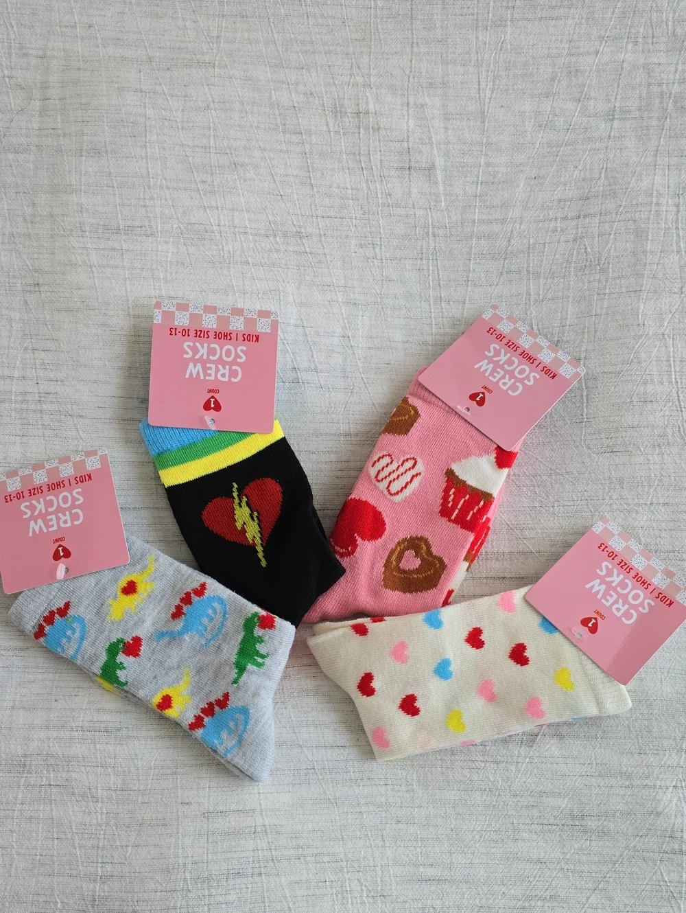 4-Pack Cute Patterned Kids Crew Socks - Hearts, Cupcakes, Lightning Heart, Dinos